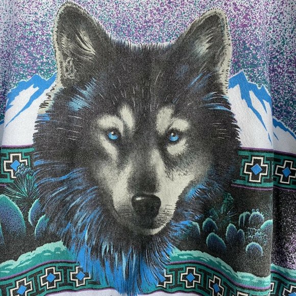 Vintage Sunrise Sportswear Blue Eye Wolf Sweatshirt White Size Large All Over - Picture 2 of 9